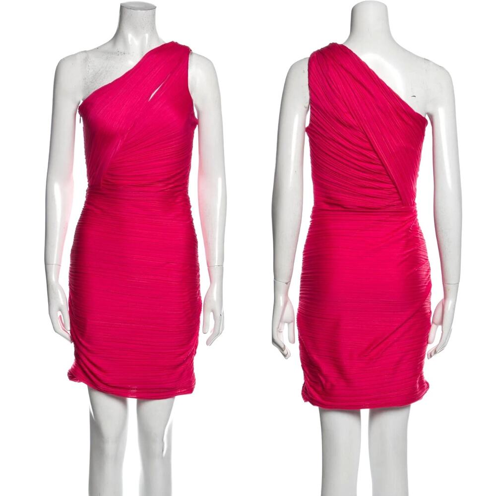 Halston Heritage Hot Pink One Shoulder Cut Out Ruched Bodycon Mini Party Dress